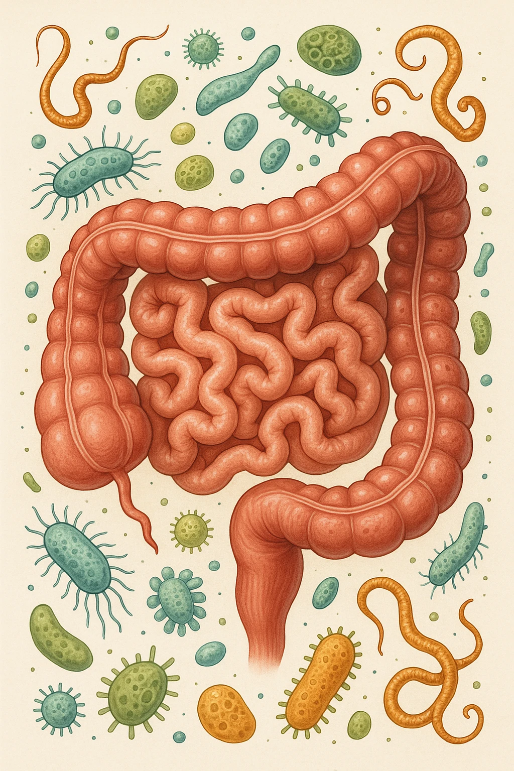 INTESTINO UMANO ANATOMICO CON BATTERI E PARASSITI INTORNO, SFONDO CHIARO NEUTRO emoji