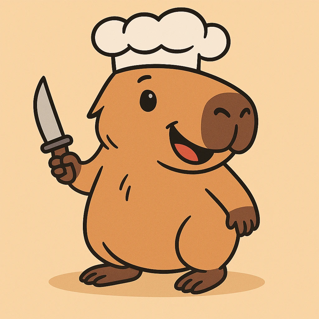 Add a chef hat to the adorable cartoon capybara with a small knife, keeping it friendly and non-threatening in appearance. emoji