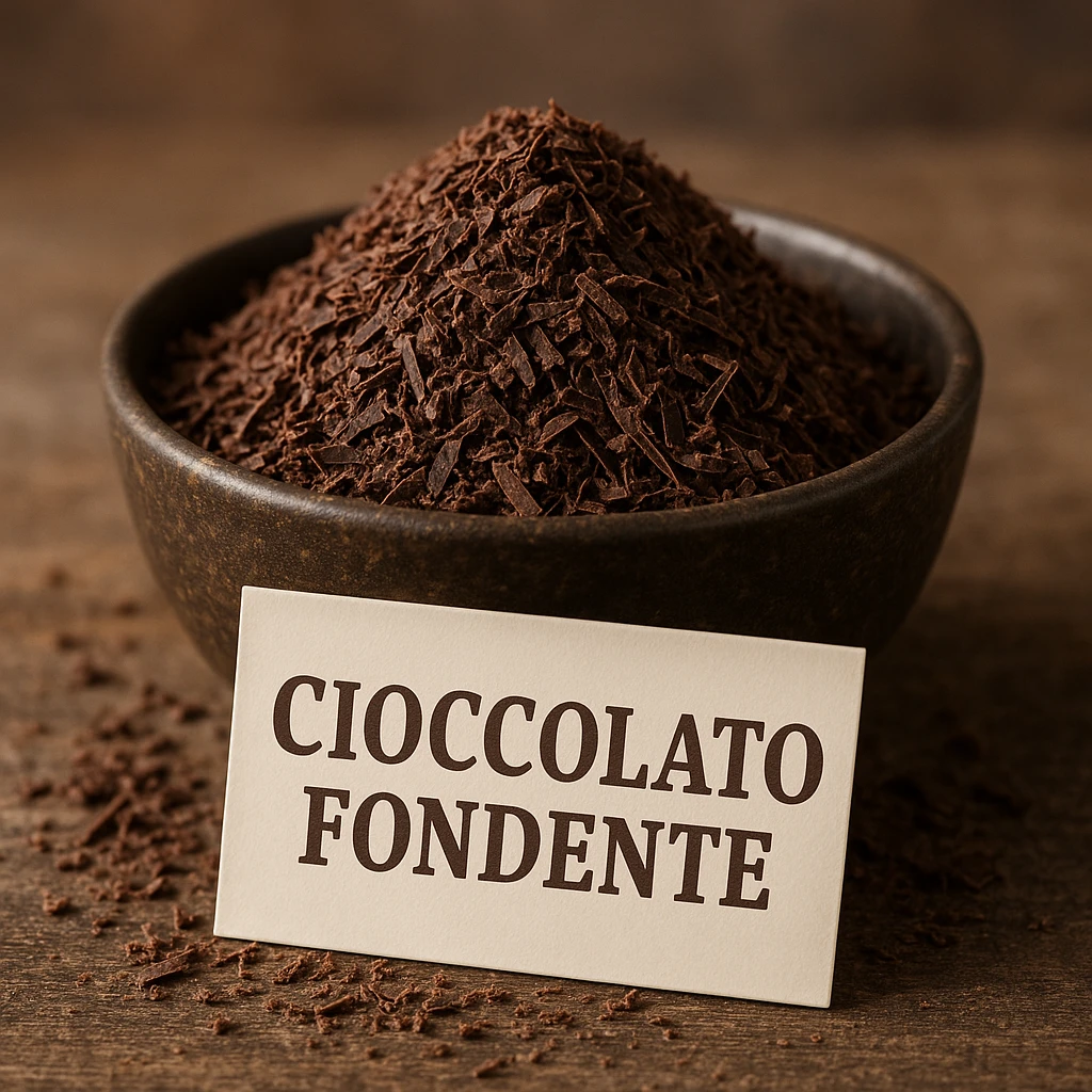 photo realistic grated dark chocolate in a bowl with the label 'cioccolato fondente' in Italian emoji