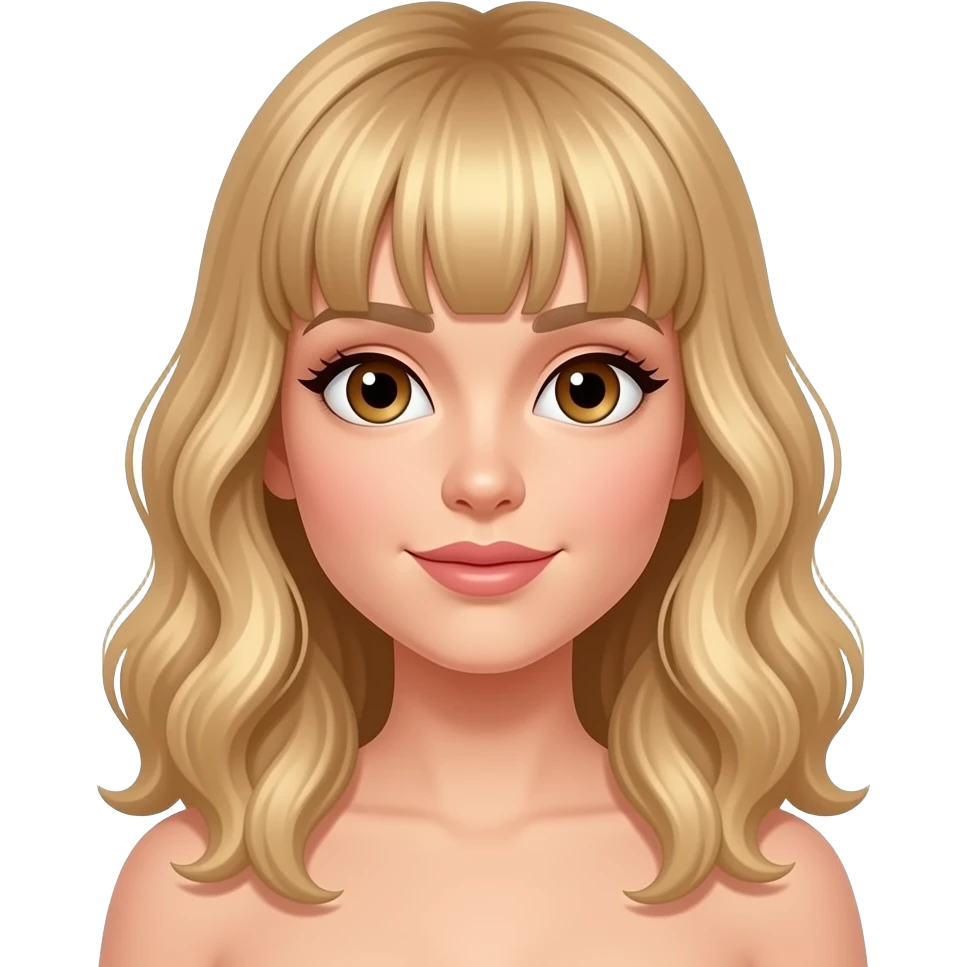 Lady, wavy long mid length golden blond hair with bangs, big brown eyes ,medium built emoji