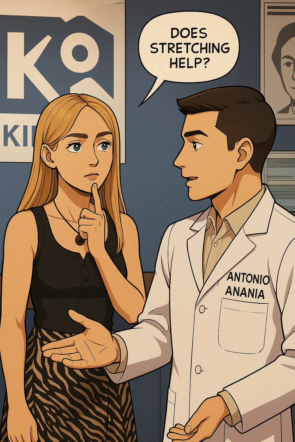 fai un webtoon/manga a colori con questo kinesiologo in camice bianco (fagli la scritta "ANTONIO ANANIA" SUL CAMICE) CHE PARLA CON QUESTA RAGAZZA CON GLI OCCHI AZZURRI. la ragazza HA UN DITO SUL MENTO MENTRE PENSIEROSA gli fa una domanda e IL KINESIOLOGO CON IL CAMICE BIANCO LE risponde. NON FARE I FUMETTI, FAI SOLO LORO COME SE DIALOGASSERO emoji