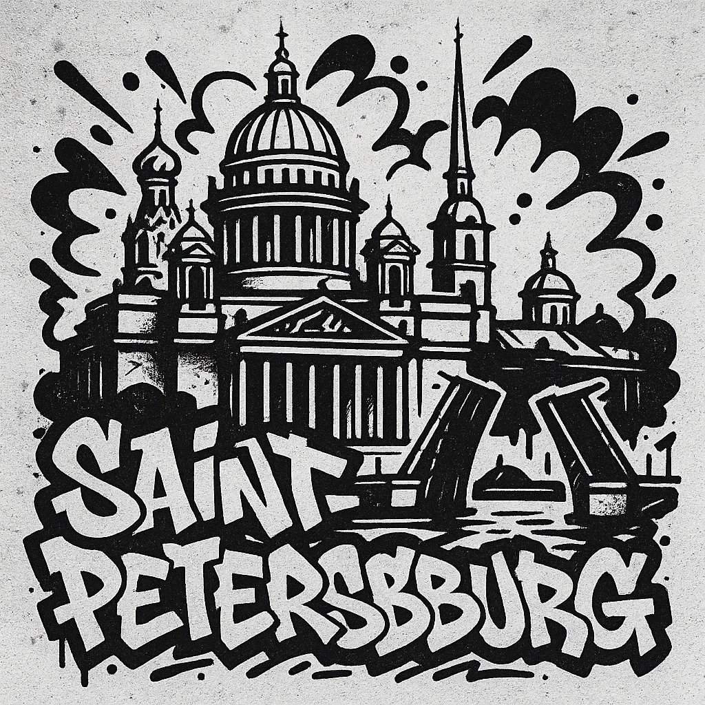 Сделай png рисунок Санкт-Петербурга в стиле граффити. Граффити черно-белое. emoji