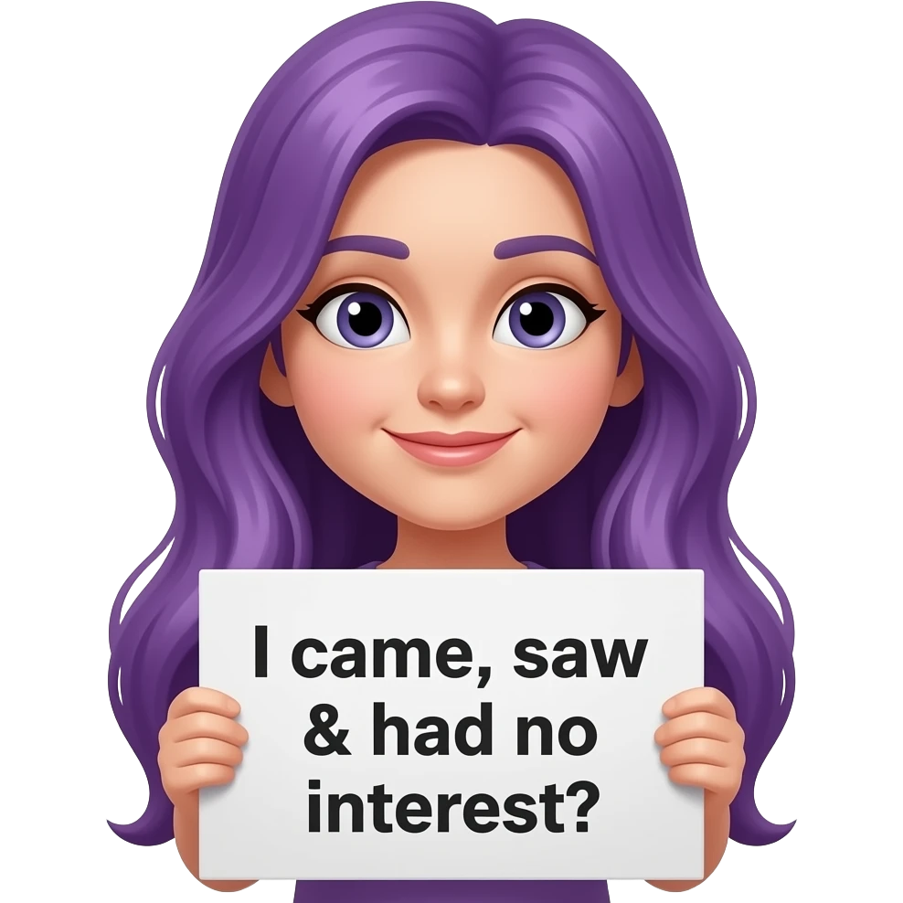 girl with long purple hair holding a Ich kam, sah & hatte direkt keinen BOCK sign emoji