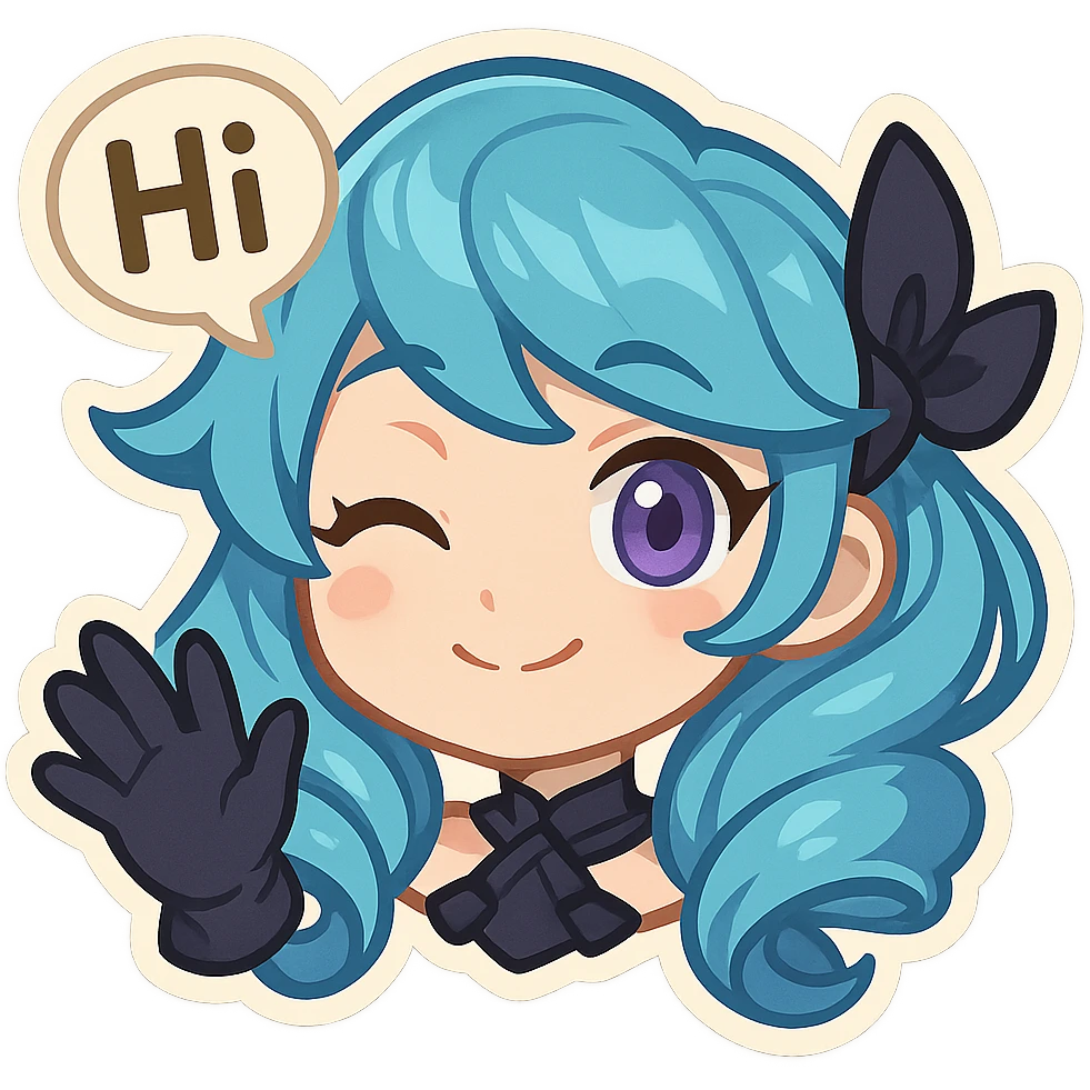 Gwen from League of Legends, chibi style, only head, right eye purple, one hand waving with glove, hi emote, gentle and friendly, no text emoji