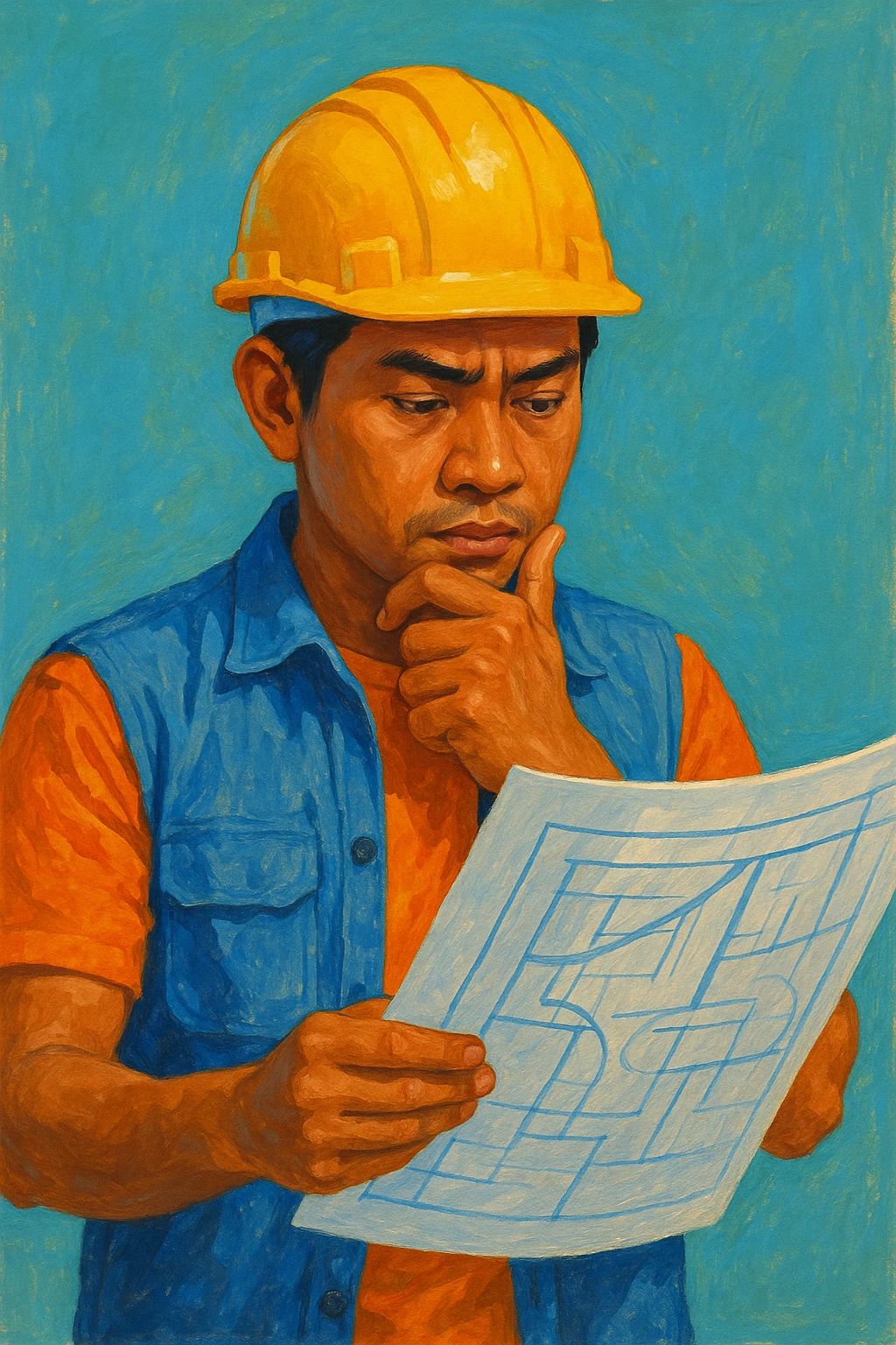 Сгенерируй мне индонезийца в чуть рисованном стиле, в каске и с чертежом в руках. По пояс. На однородном фоне. Он строитель и смотрит в чертеж и думает. Ярко, красиво, красочно emoji