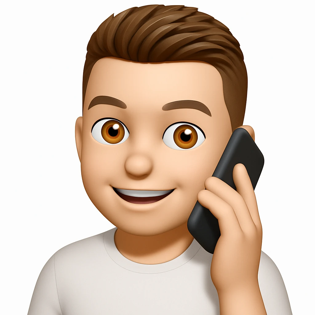 Based on these photos, make an emoji with facial features preserved, a man in a white t-shirt, talking on the phone emoji