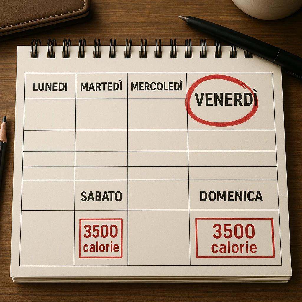 Hyperrealistic top-down view of a weekly calendar in Italian, showing days from Monday to Sunday. Friday is circled in red. Below both Saturday and Sunday, the text '3500 calorie' is highlighted in a red box. The scene has 4K details and a desk atmosphere. emoji