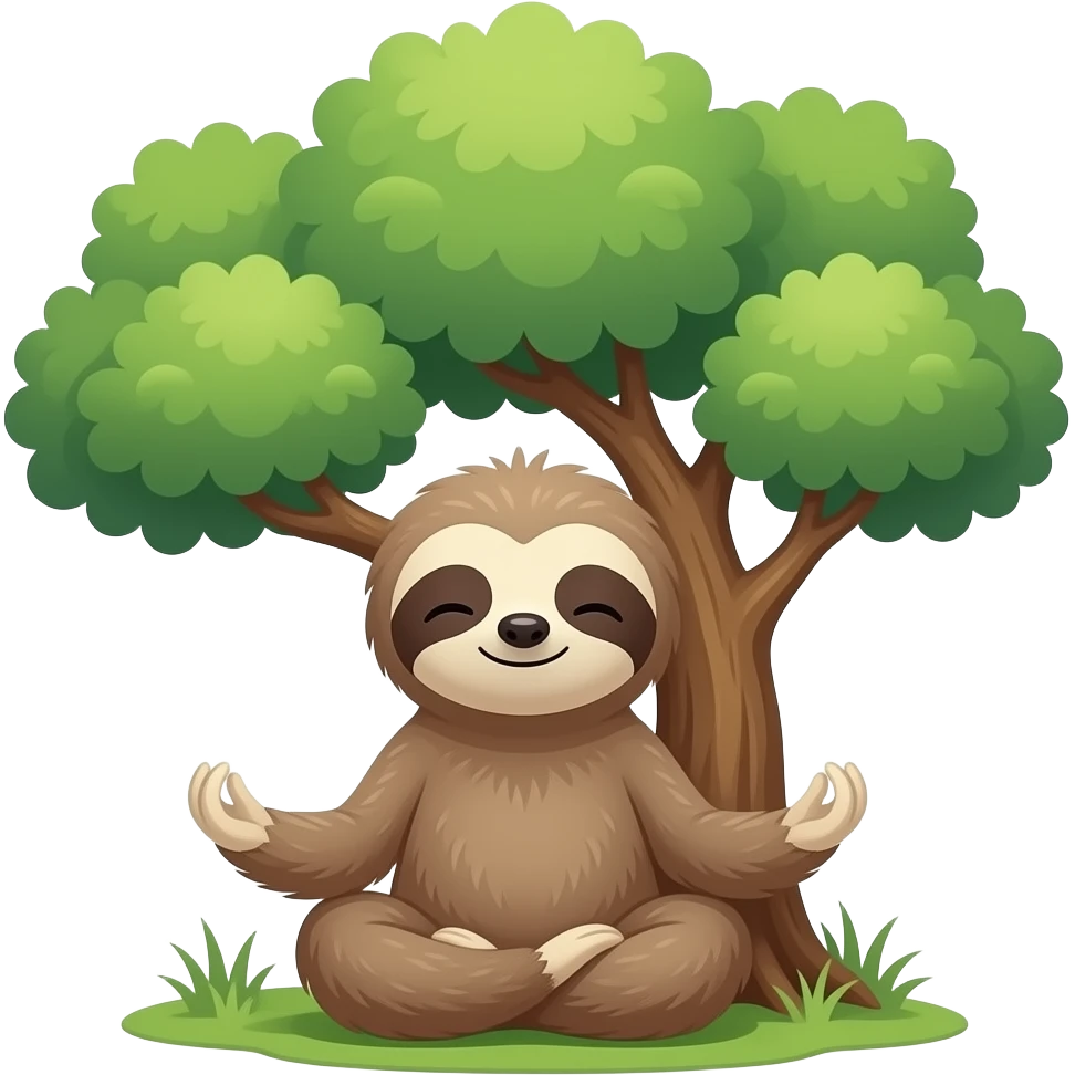 a cute 2d flat icon of a cute sloth meditating under a tree emoji