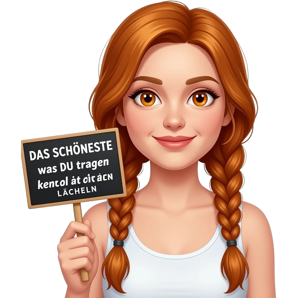 sexy girl with long ginger braids and ginger eyes wearing a white tanktop is holding a black sign with DAS SCHÖNSTE was DU tragen kannst ist ein LÄCHELN written on it emoji