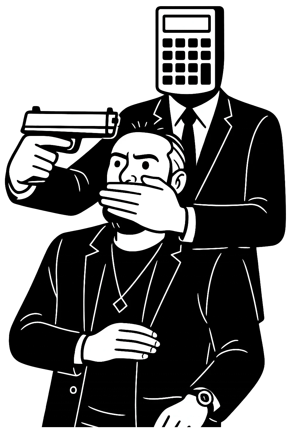 Используя такую стилистику и точно такого же героя, сгенерируй картинку. На ней позади героя стоит фигура в черном костюме, у которой вместо головы калькулятор, она приставила к виску героя пистолет, а другой рукой закрывает рот героя, прозрачный фон emoji