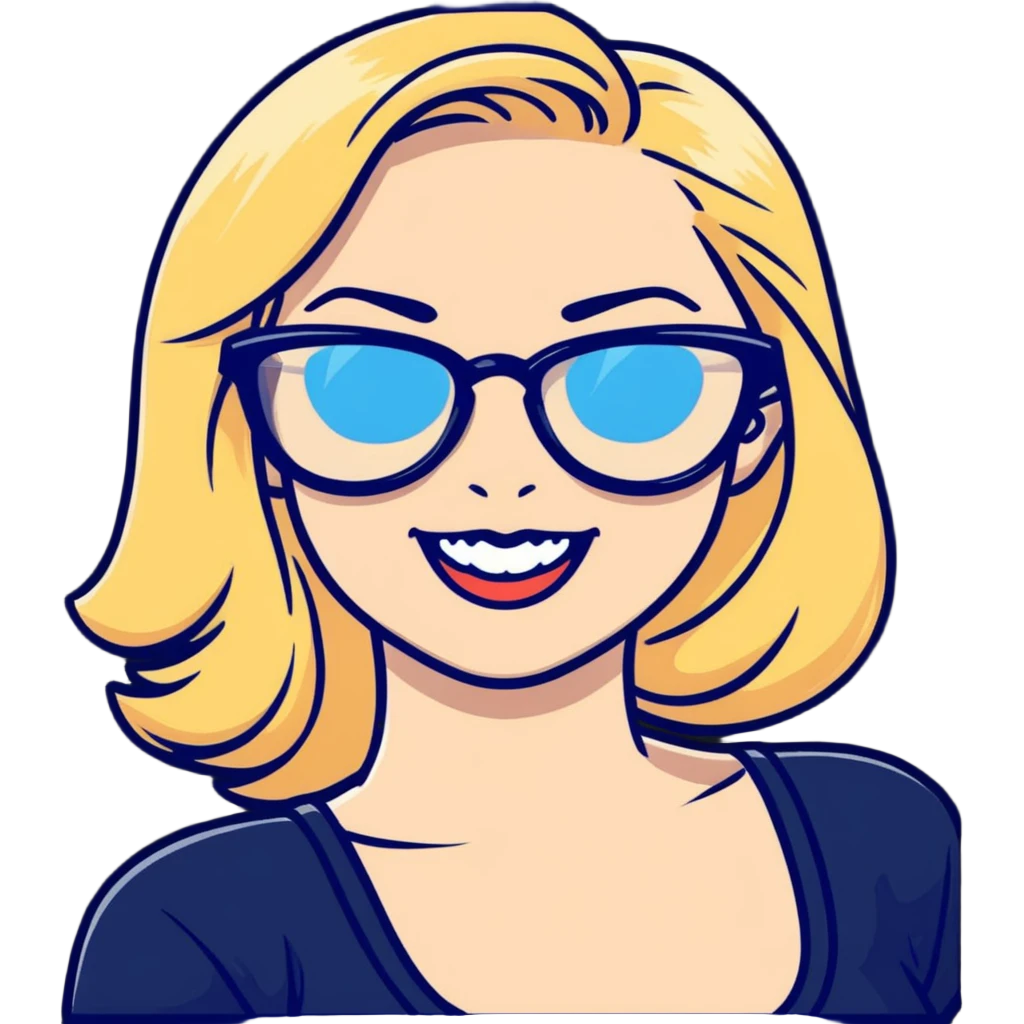 smiling blonde pinup, blue eyes, black glasses emoji