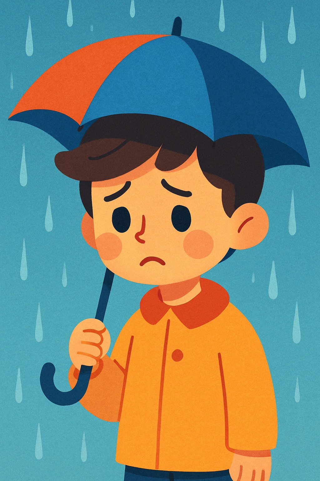 a sad boy with an umbrella in the rain, gentle illustration style, soft shading, calm mood emoji