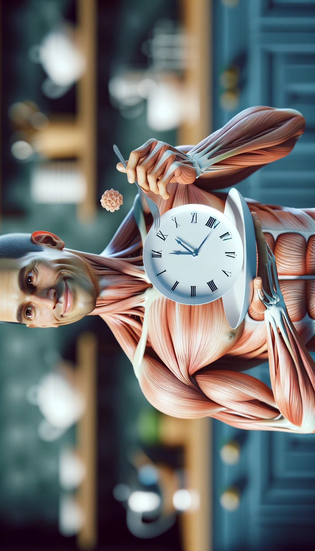 corpo umano anatomico, che tiene in mano un piatto bianco con la lancette di un orologio sopra, figura visibile fino ai fianchi, espressione del volto soddisfatta, sullo sfondo la sua cucina sfocata, iperrealistico 4k emoji