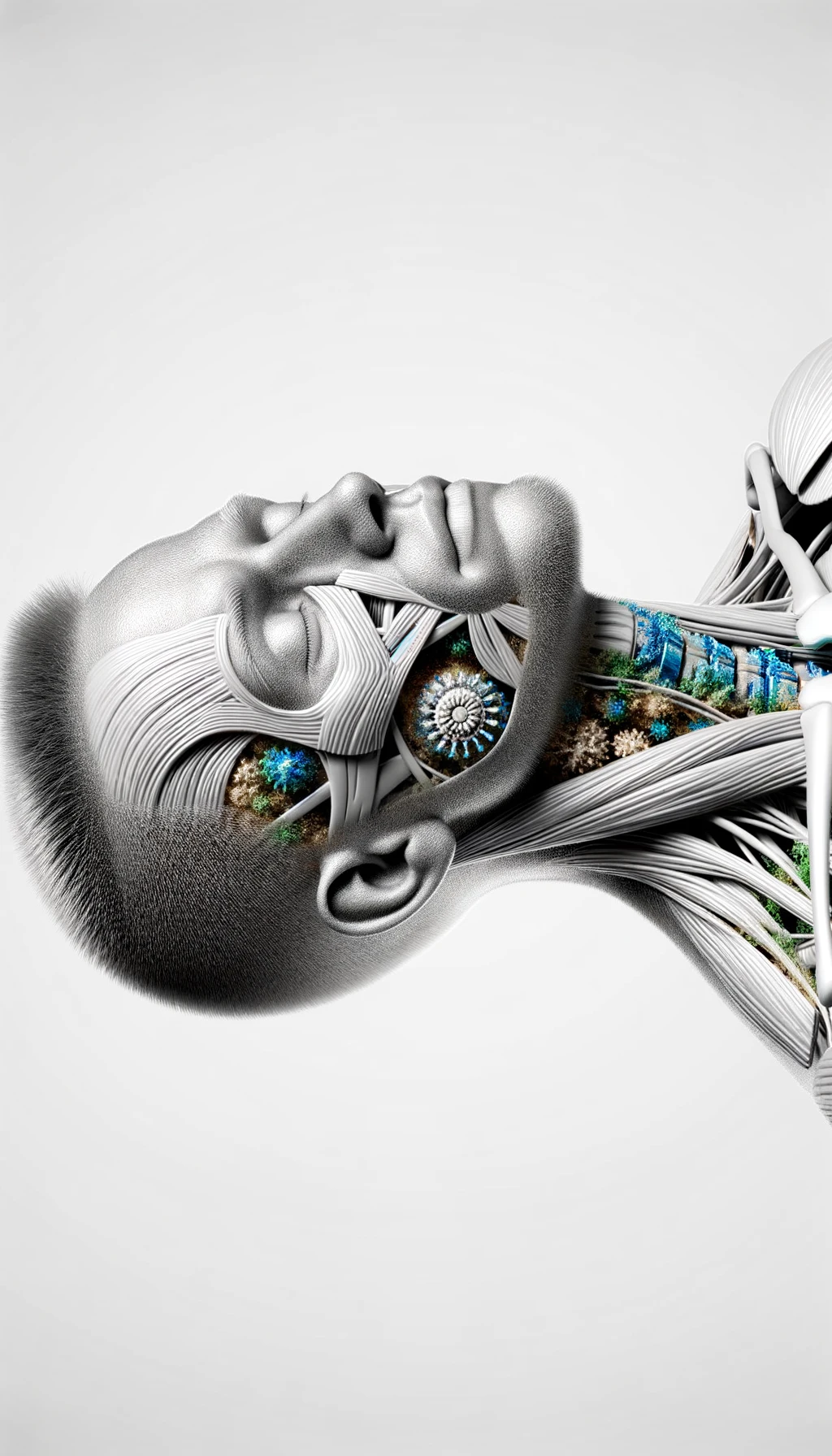 corpo umano anatomico con capelli corti che dorme sereno tenendosi un cuscino contro la testa, muscoli e apparati in evidenza, ha l'espressione rilassata, visto dal fianco iperrealistica 4k, isolato su sfondo bianco emoji