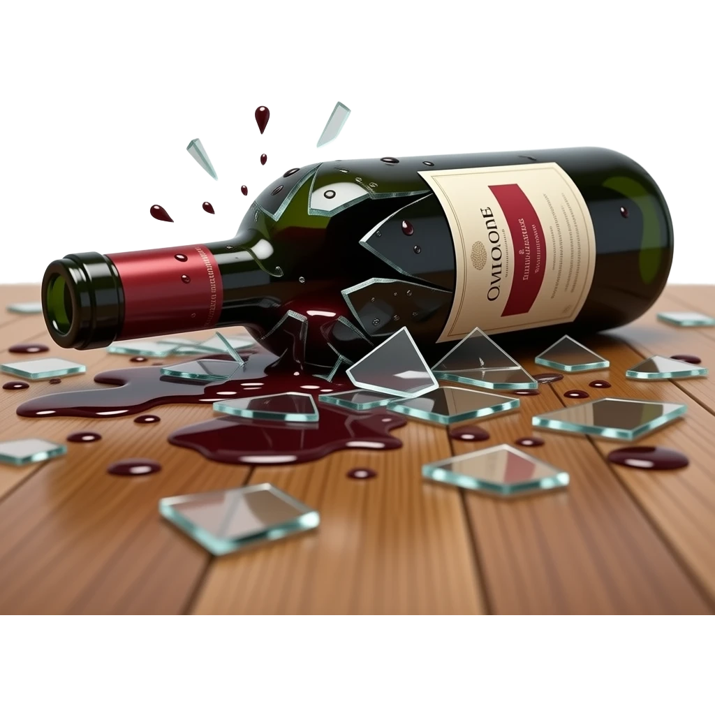 A broken wine bottle on the floor, shattered with sharp glass pieces scattered around. Red wine spilled across the surface, forming dark liquid puddles and splashes. The label is partially visible, torn and wet. Soft dramatic lighting, no people, clean indoor floor, realistic and detailed. emoji