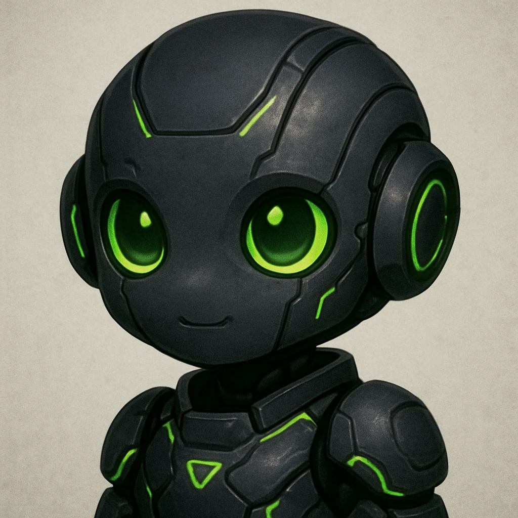 humanoid AI robot headshot, cute, small, color scheme charcoal, black, neon green, gray, digital art style emoji