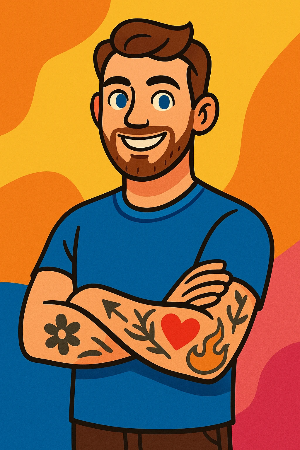 25-year-old man, blue eyes, brown hair, short beard, tattoos on left arm, arms crossed, smiling proudly, cartoon style emoji