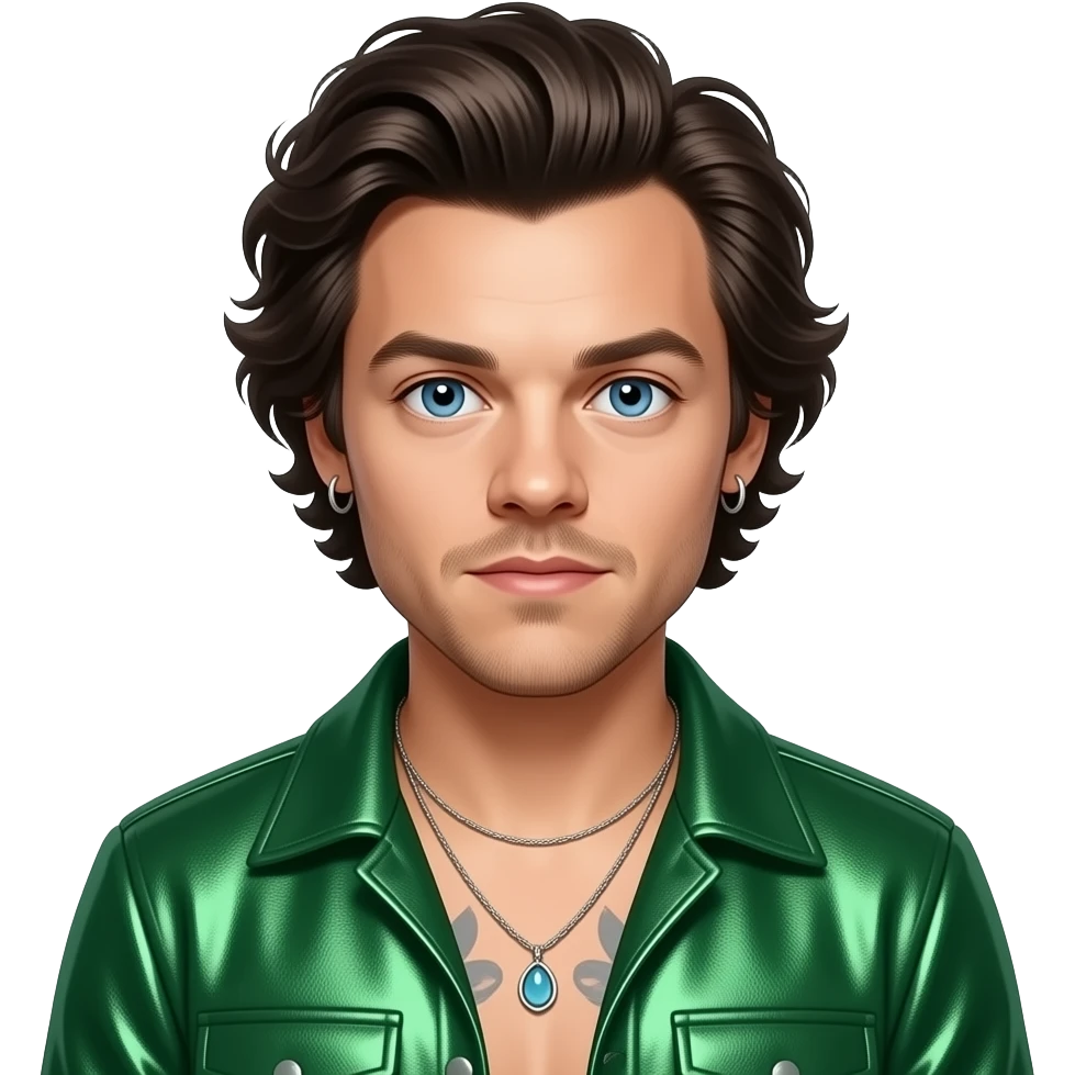 Harry Styles from One Direction with blue eyes, dark brown hair, green metallic pop tour outfit, necklace and earrings emoji