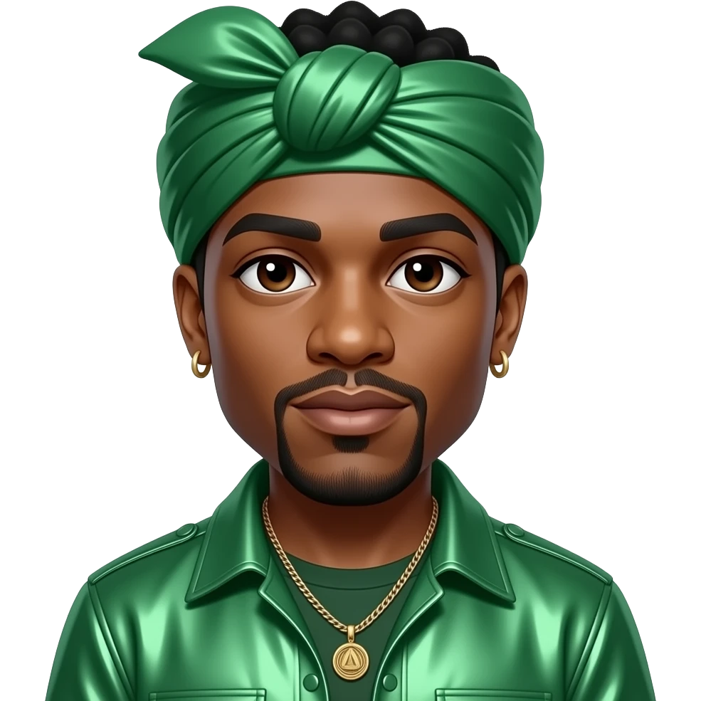 Andre 3000 from Outkast with dark brown eyes, black hair, green turban, green metallic shirt, necklace and earrings emoji