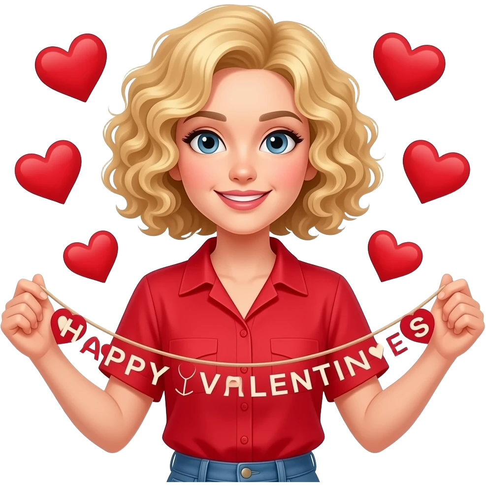 blonde tight curly hair in a short bob with a Happy Valentine's banner and a red short sleeve art blouse and hearts around emoji