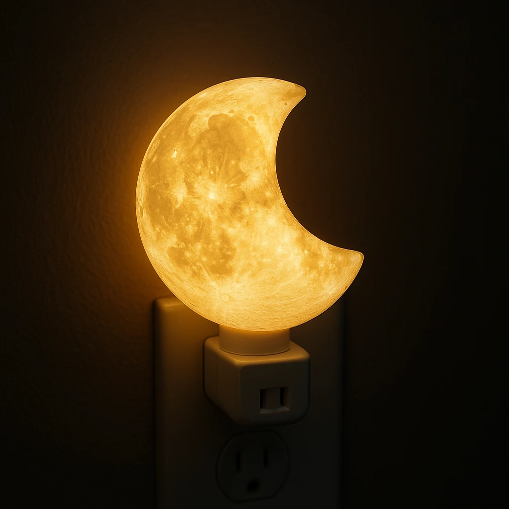 a moon nightlight with a plug, glowing warmly, realistic style emoji