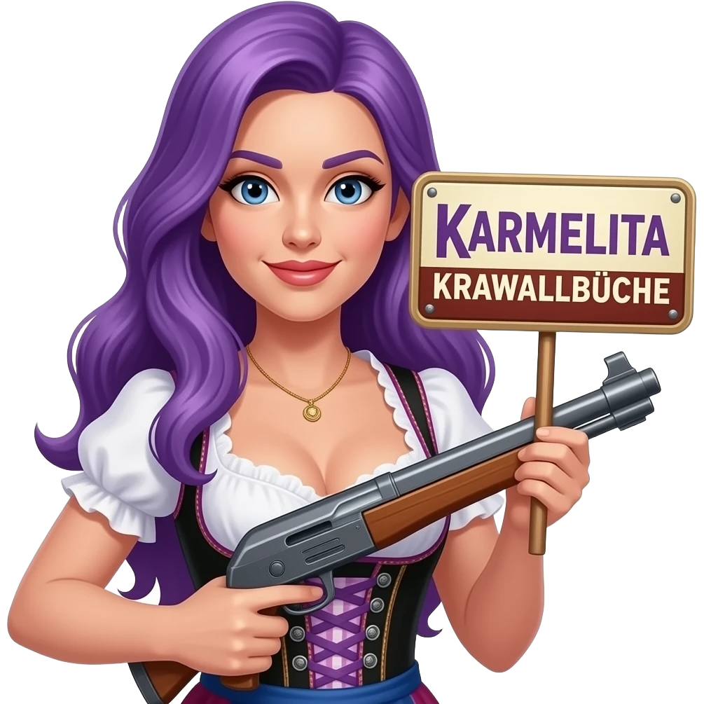 sexy girl with long purple hair wearing a dirndl holding a KARMELITA KRAWALLBÜCHSE sign emoji