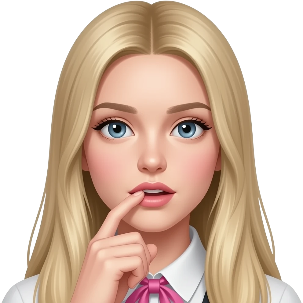 que se muerda el dedo la chica un poco mar realista el pelo rubio y largo lacio nariz perfecta y el lazo rosa el  dedo un poco mas a dentro de la boca emoji