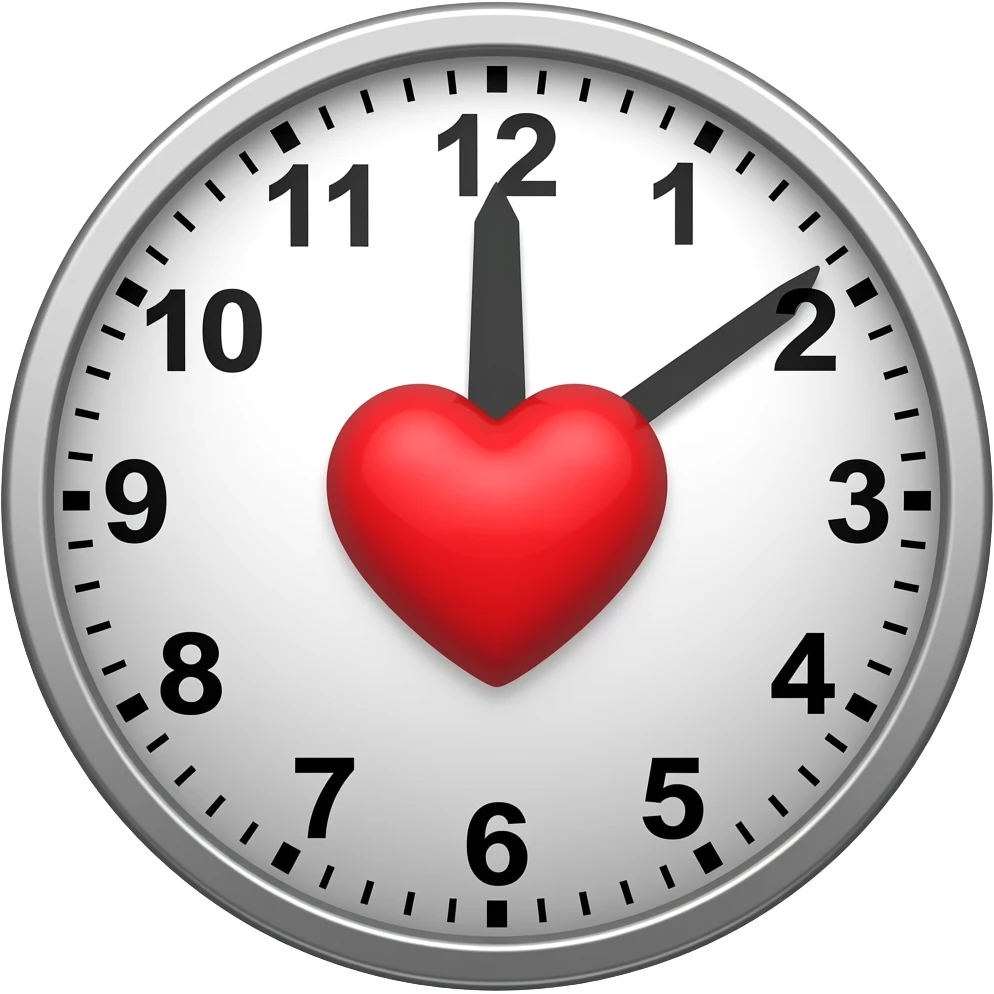 A clock showing six o'clock with a red heart in the middle emoji