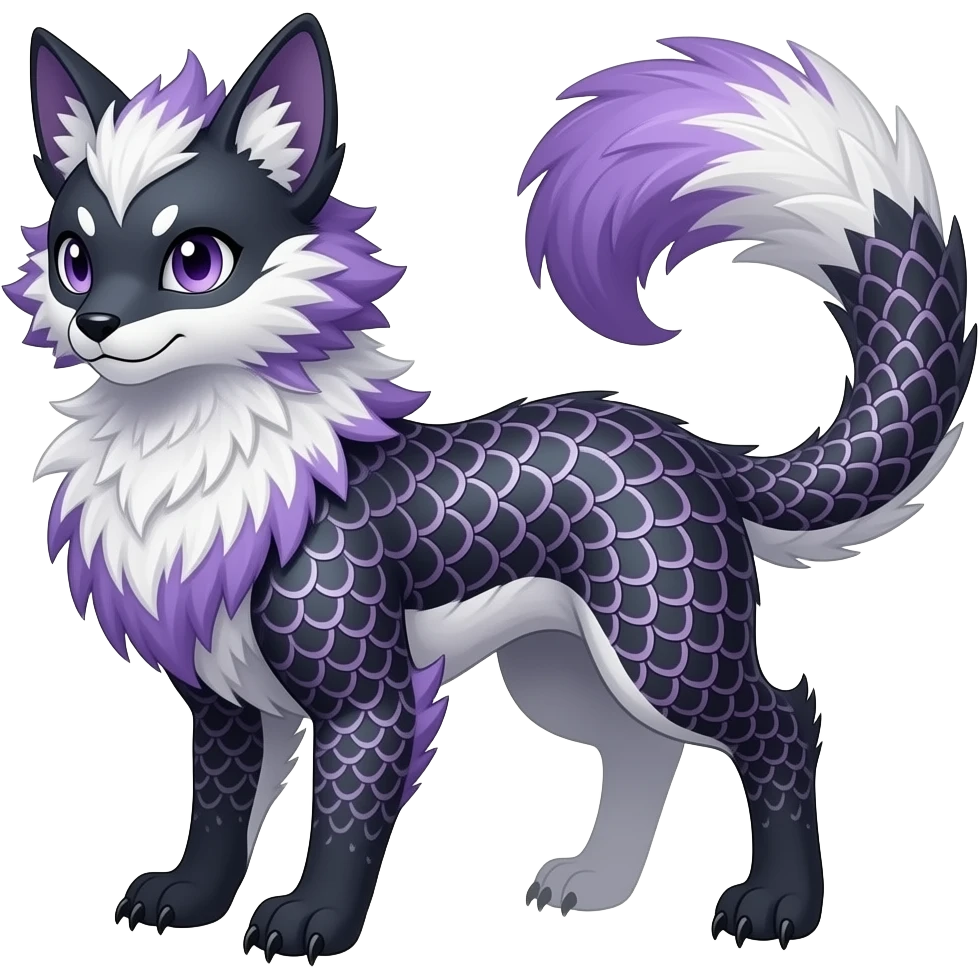 Scroll-patterned majestic feathery elegant realistic stylish Furry, feathery fluffy tropical flecked painted feathery scaly, Purple, white, black, Minccino-Bambino-Lykoi-Linoone-Zangoose-fusion-hybrid-animal-Fakémon-creature, full body, thin long sleek scaly tail, intricate markings emoji