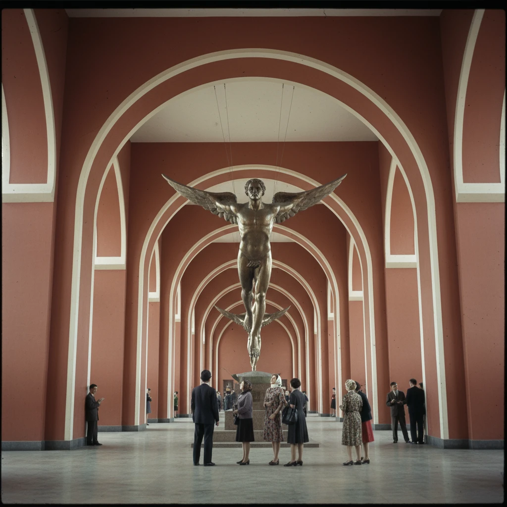 Дом Аэрофлота Чечулина изнутри. Огромные арки и скульптура Икара, на фоне которой люди очень маленькие 

Стиль - архивные цветные фотодокументы emoji