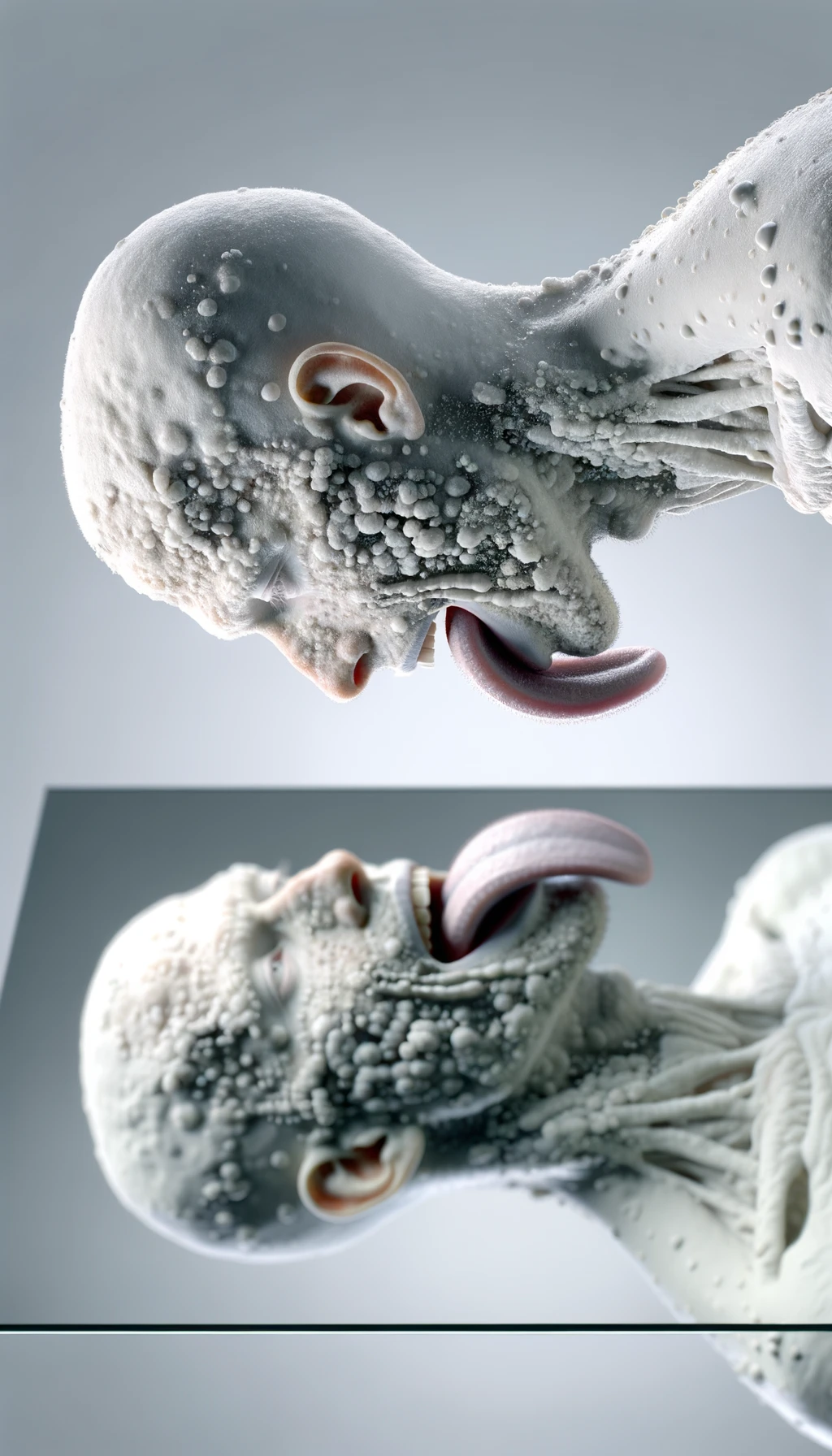 CORPO UMANO ANATOMICO IN PIEDI  A FIGURA INTERA CHE SI GUARDA LA LINGUA ALLO SPECCHIO , TIENE LA LINGUA FUORI E LA LINGUA è PIENA DI MACCHIE BIANCASTRE, NEUTRAL CLEAR BACKGROUND, iperrealistico 4k emoji