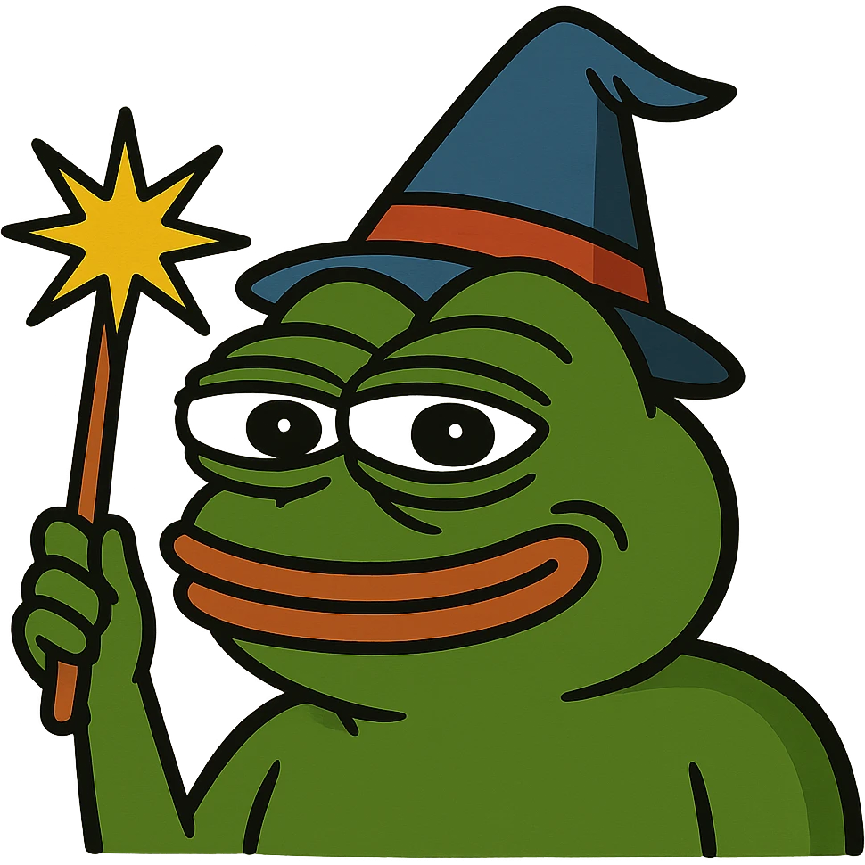 Pepe the Frog meme style with a wizard hat and magic wand, remove background, keep transparent background. emoji