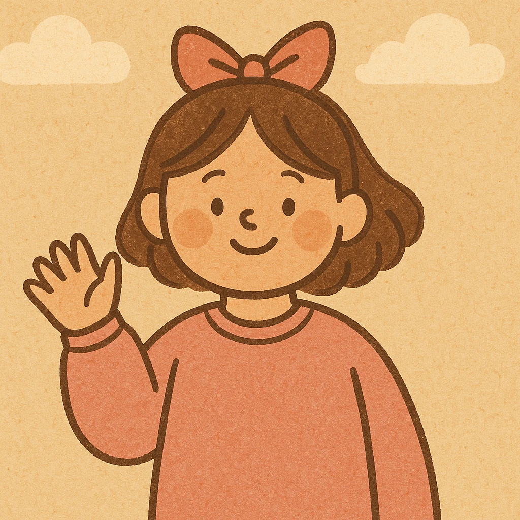 a cheerful girl waving, pink sweatshirt, bow on her head, modern flat illustration style emoji
