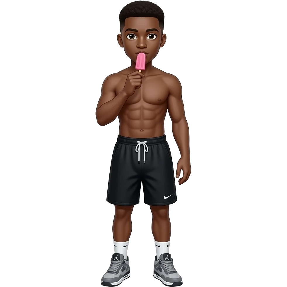 make a black skinned 20 year old man in a brown low taper fade with no shirt bunch of abs in nike tech shorts black with grey jordan 4’s and white ankle nike socks eating a pink popsicle emoji