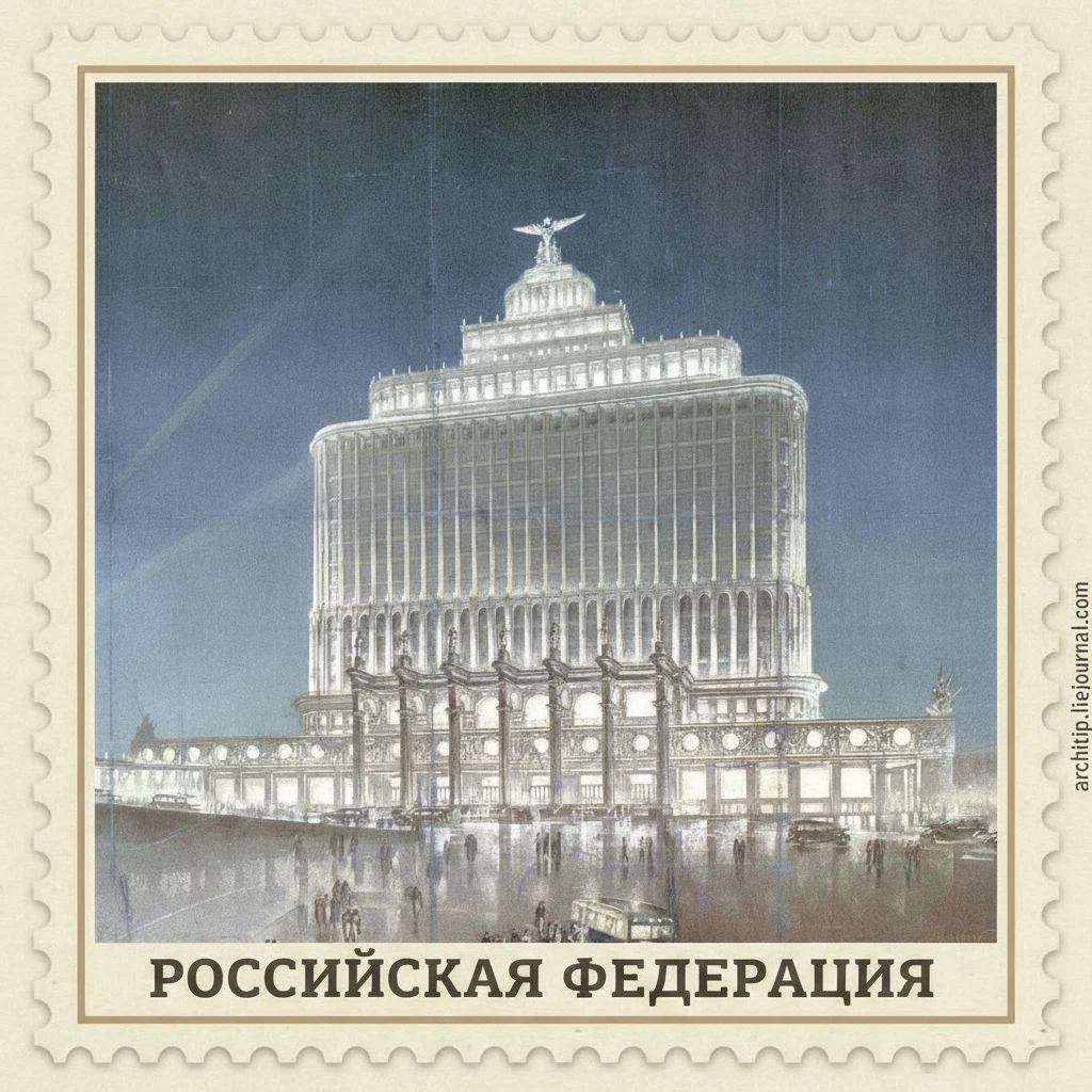 Стилизуй изображение здания под марку как на первом фото

100 из правого верхнего угла убери и герб СССР из левого верхнего угла убери emoji