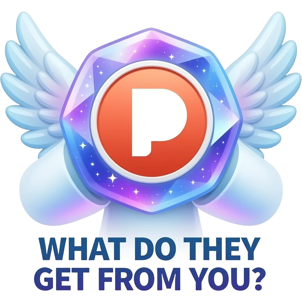 An ethereal angel hand made of starlight holding a crystalline Patreon logo. Text below: 'WHAT DO THEY GET FROM YOU?'. Glowing nebula colors, isolated on white, bold 3D icon emoji