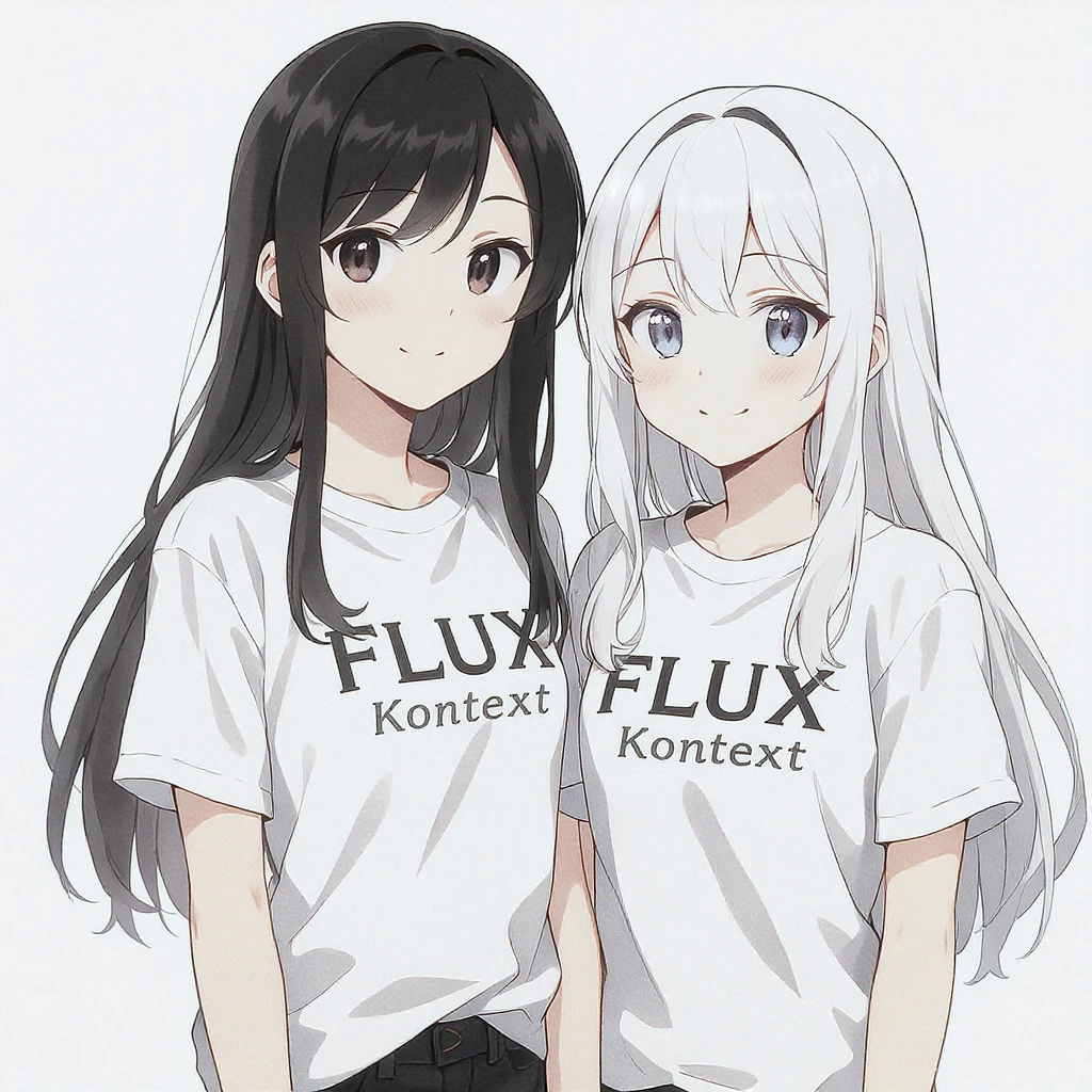 make a image of a girl with a anime version of that girl beside her wearing tshirt with text of FLUX Kontext emoji