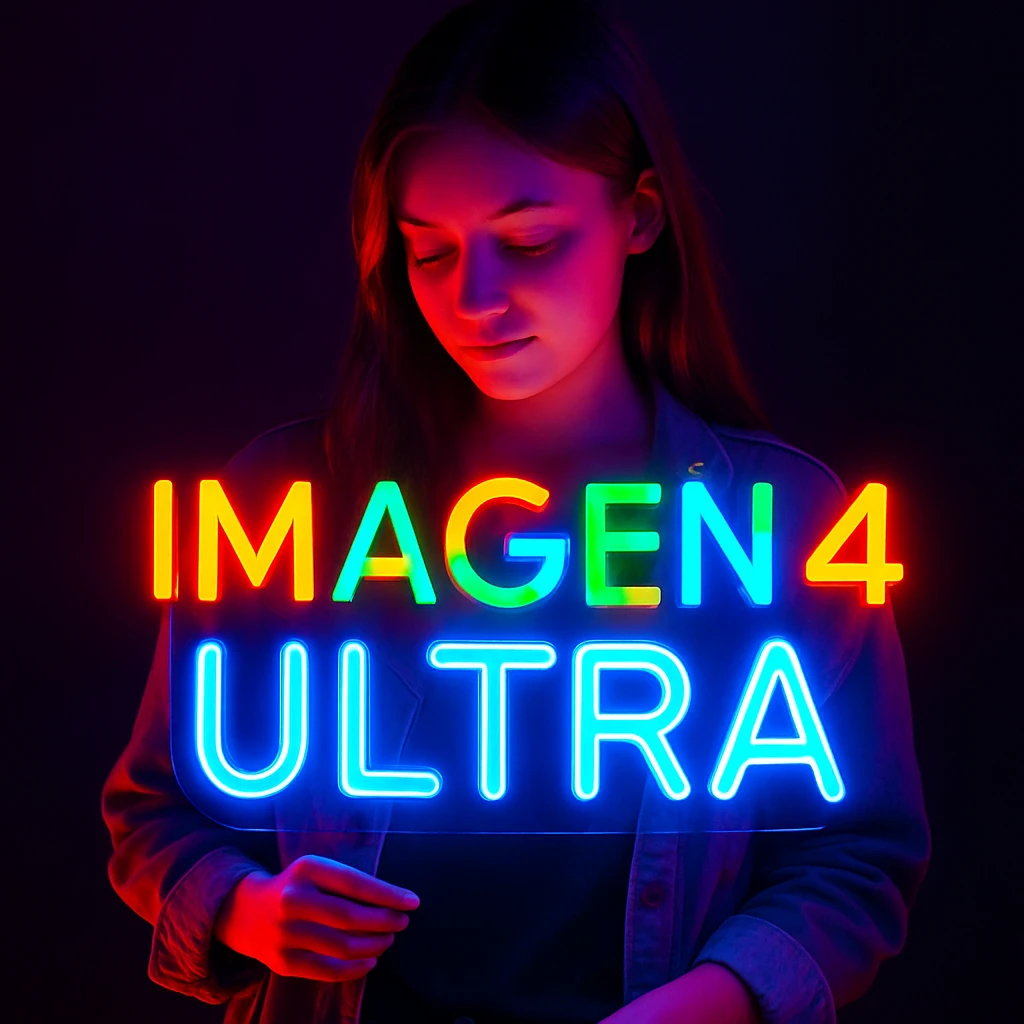 make a girl holding this sign, but sign in made of neon, also add ultra below the sign emoji