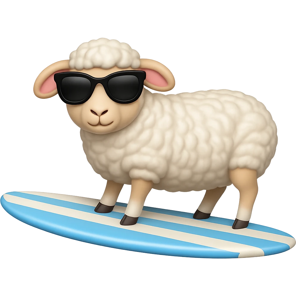 Add cool sunglasses to the sheep while keeping the surfboard and style the same. Remove the background. The style is the original style of the image. emoji