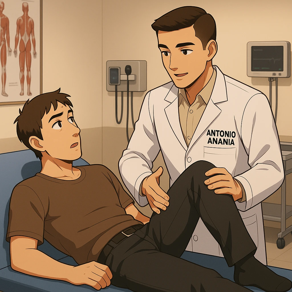 fai un webtoon manga a colori con questo stile, in cui un uomo è steso sul lettino medico e il kinesiologo con il camice bianco (fagli anche la scritta "ANTONIO ANANIA" SUL CAMICE, gli solleva una gamba per fargli il test neuromuscolare, IL KINESIOLOGO SPIEGA ALL'UOMO UNA cosa mentre gli alza la gamba. non fare i fumetti però, fai solo in modo che sembri stiano parlando emoji