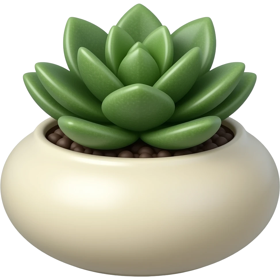 Create an elegant and decorative oval ceramic pot, similar to a bonsai. The pot has a wide mouth and a low height. It is glazed in ivory and contains a jade plant. The background is white. Illustration style: Cartoon – Art Deco – 2D emoji