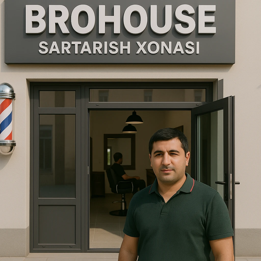 eni shu rasimga manashu odamga uxhshasin sartaosh eshik oldida tursin va tashqarida esa mijoz rasm esa 16 ga 9 bulsin 1920x1080 emoji