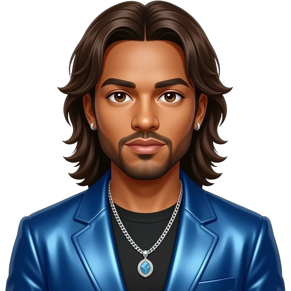 Mark Calderon from Color Me Badd with light medium skin, brown eyes, long brown 90s hair and short beard, blue metallic new jack swing outfit, necklace and earrings emoji