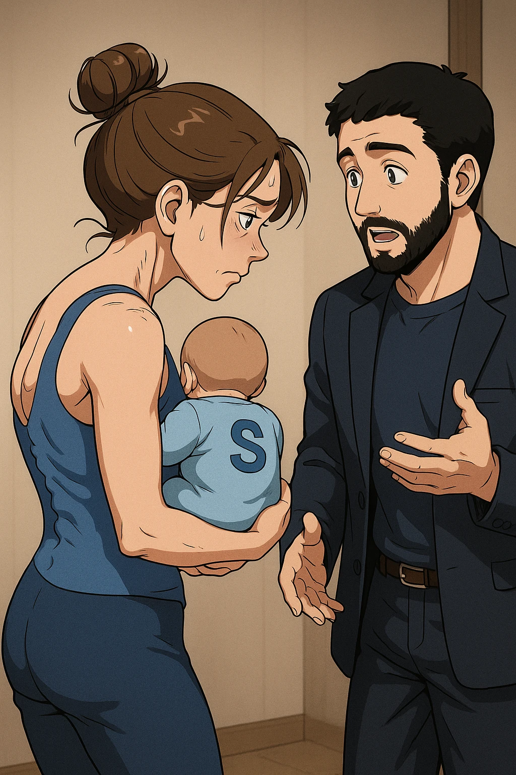 ispirati a questo stile di disegno e fai questa immagine in versione manga/webtoon a colori, il manga mostra la donna preoccupata di profilo con la postura sbagliata e incurvata, spalle chiuse e curve in avanti, con un neonato in braccio con una tutina azzurra e la scritta "S" sulla schiena, spina dorsale storta della donna in evidenza mentre ascolta l'uomo mentre l'uomo gli sta spiegando una cosa, ma non fare i fumetti, fai come se stessero parlando emoji