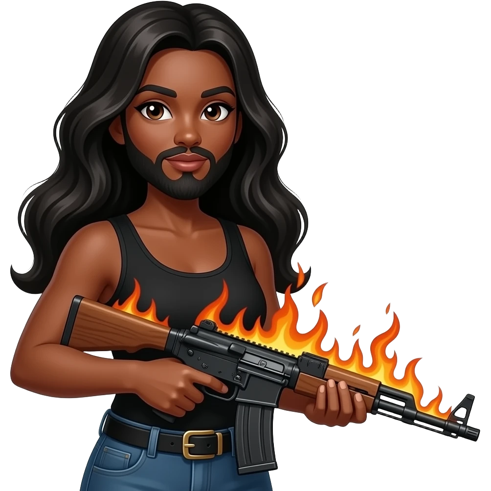 Muejer de tés medio morena vestida de negro con barba y pelo largo con un rifle con fuego bonita y arreglada emoji
