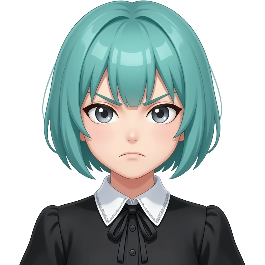 anime girl, angry,  short teal hair, grey eyes, black shoulder blouse with fancy white collar emoji