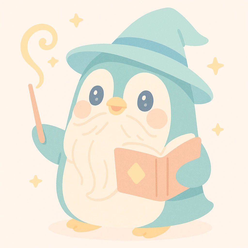 chubby penguin wizard casting a spell, with a long beard and a mystical book emoji