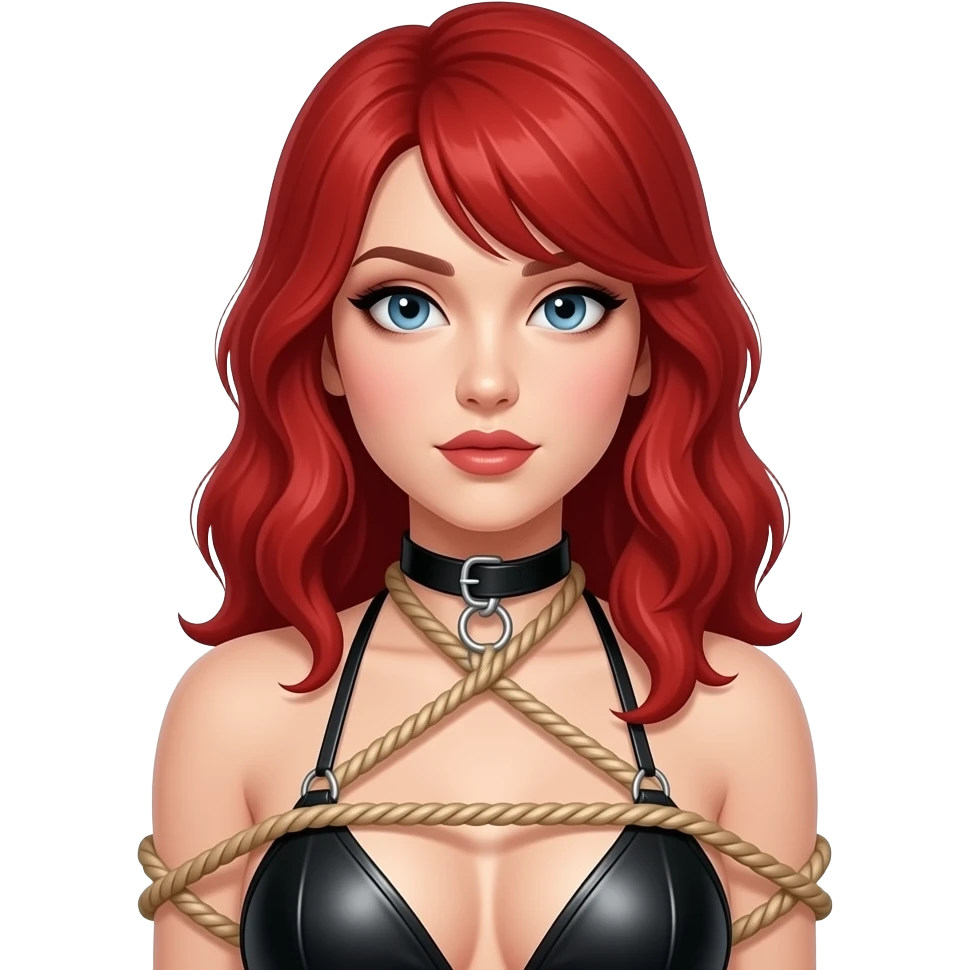 Red haired Woman in leather bikini tied with bdsm rope emoji