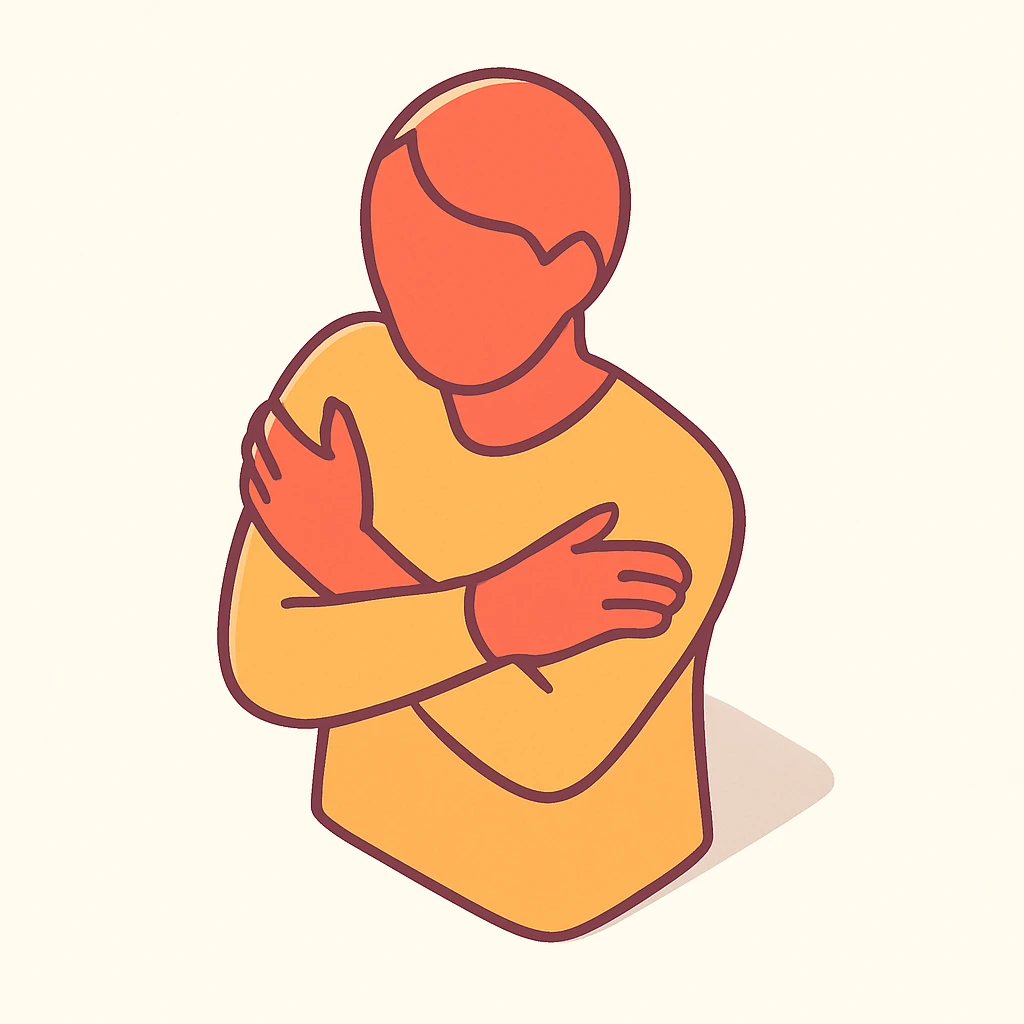 silhouette of a person hugging themselves, symbol of self-care, 2D isometric style, simple shape, clear shadows and highlights emoji