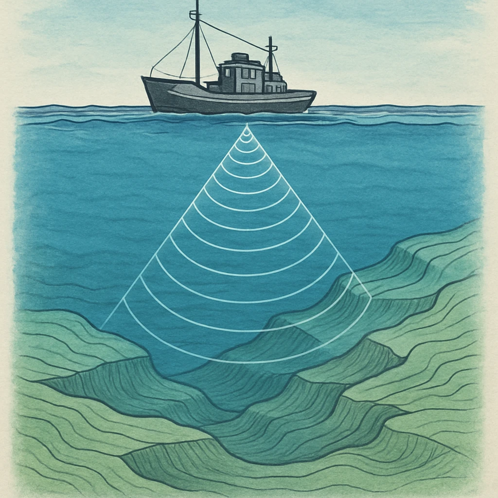 Hydroacoustic map showing radio waves from a ship on the water surface scanning down to the seabed emoji